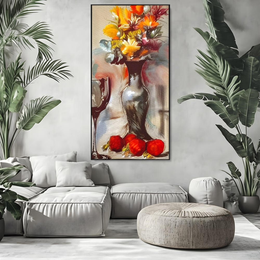 Tablou canvas cu pictura cu vaza, flori si pahar de vin, in rama de aluminiu negru, pe perete intr-un living
